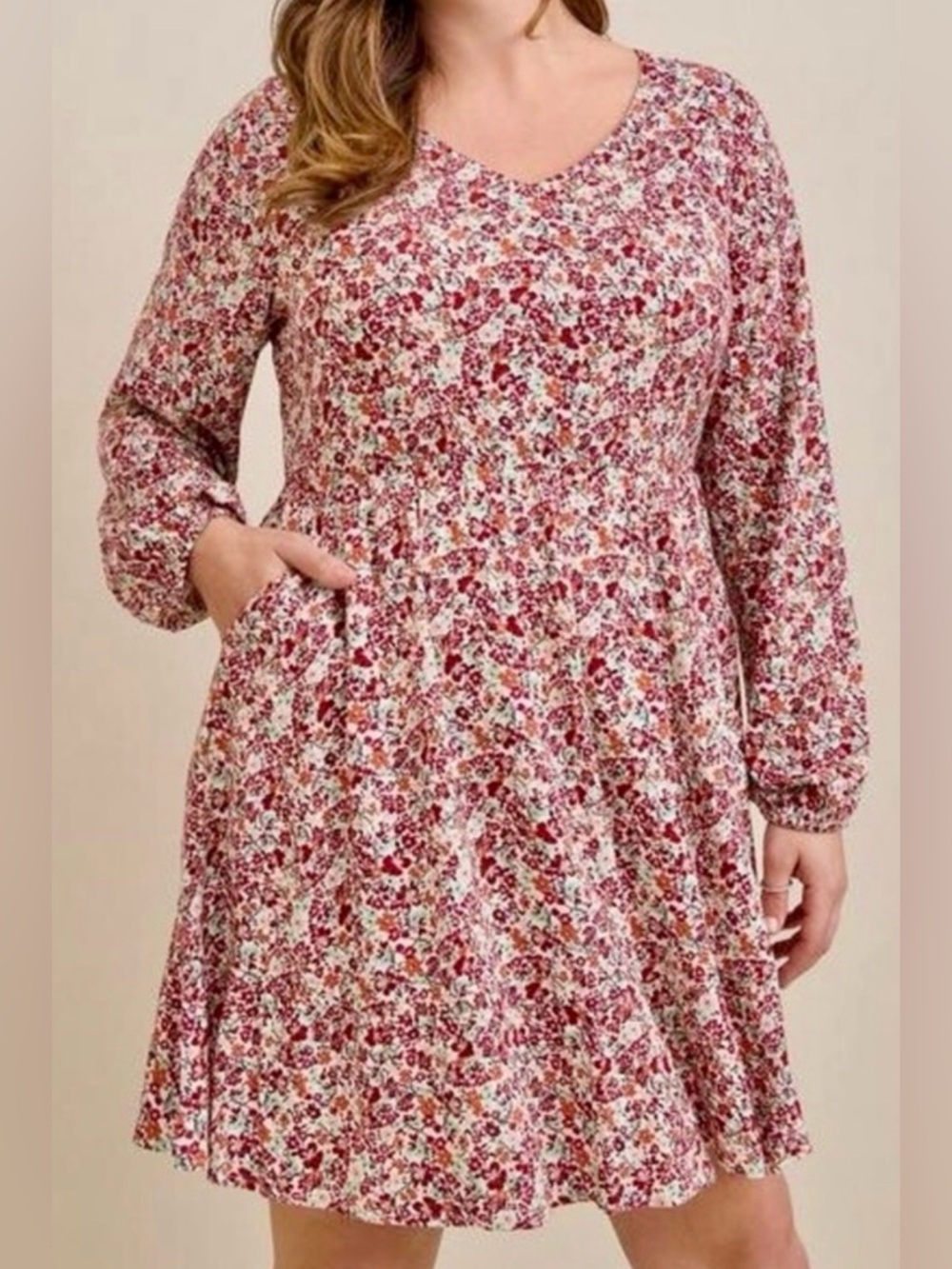 Torrid Long Sleeve  Pink and Red Floral Skater Dress